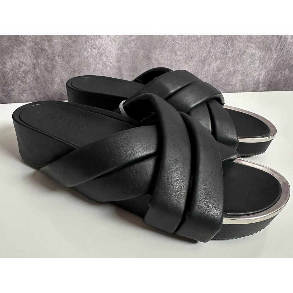 DKNY Leather Black Cross Strap Platform Slide Sandals Silver Trim Size 9.5M NEW